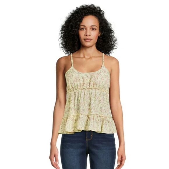 NWT No Boundaries Cami S Junior's Yellow Floral Sleeveless Ruffle Boho Bohemian - Picture 1 of 8